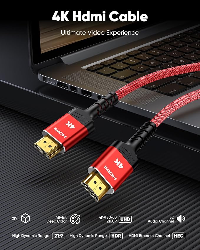 Highwings 4K HDMI 2.0 Cable 3.3FT/1m - 4K@60Hz HDR Braided HDMI Cord, 18Gbps High Speed with Ethernet/ARC, 3D, HDCP 2.2, ARC, Compatible for PS-5/4/3/4K HDTV/Monitor/Projector/Streaming Media
