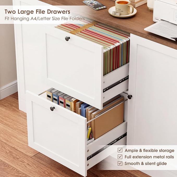 HIFIT 72'' Tall File Bookcase with Power Outlet & Printer Stand, 2 Drawer Filing Cabinets for Home Office Fit Hanging A4 File, Storage Cabinet w/ 3 Tier Open Book Shelf & Doors for Living Room, White