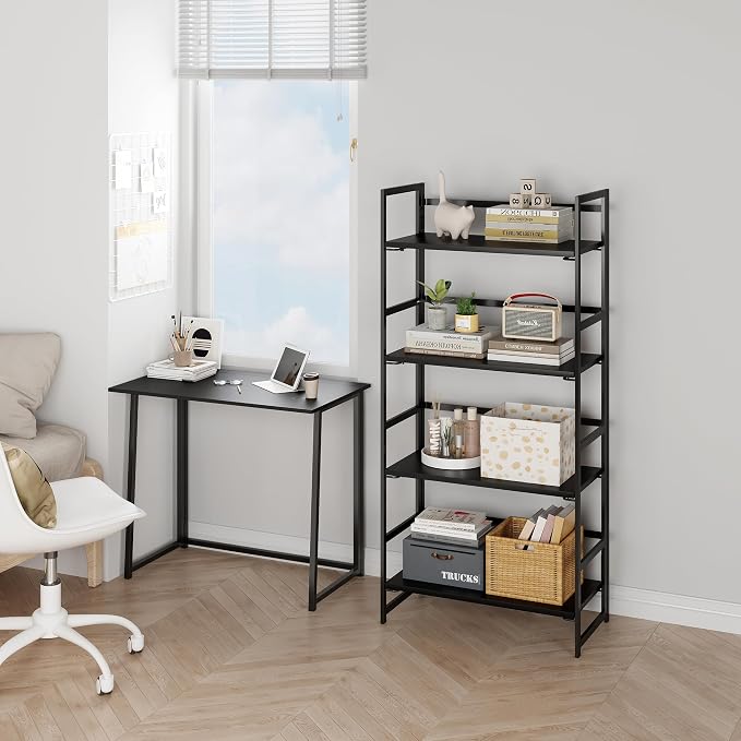 BHG Vintage Multifunctional Folding Bookshelf, No-Assembly Plant Stand Storage Rack Shelves for Home Office (All Black, 4-Tier)