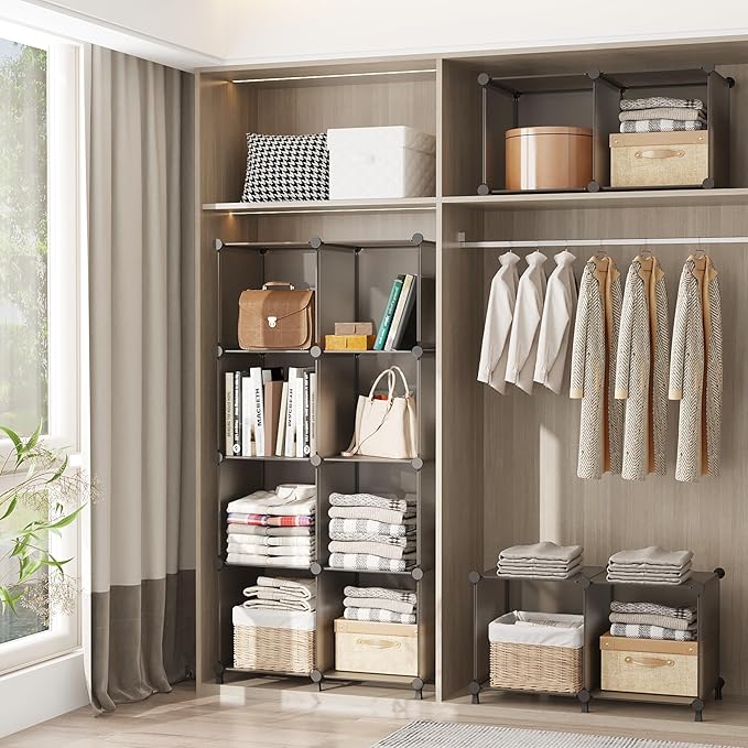 AWTATOS Cube Storage Organizer, Storage Cubes Shelves Bookshelf, 6 Cube Closet Organizers and Storage, DIY Stackable Plastic Clothes Organizer Shelving for Bedroom, Home, Grey