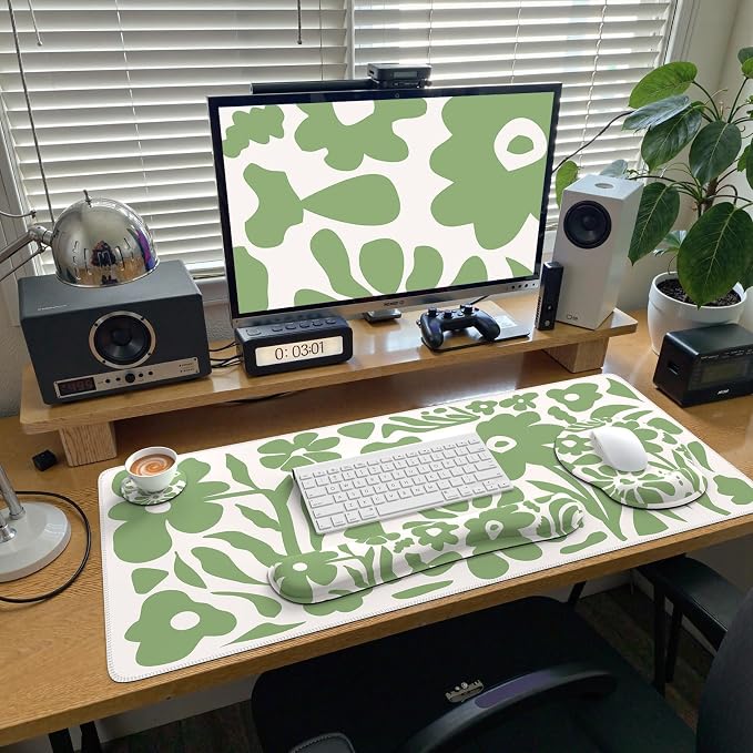 iCasso Desk Cover Mat, 4in1 Floral Large Mouse Pad with Wrist Rest, Desk Matt for Desktop, Anti-Slip XXL Big Computer Ergonomic Mousepad with Wrist Support for Keyboard and Mouse (Green)