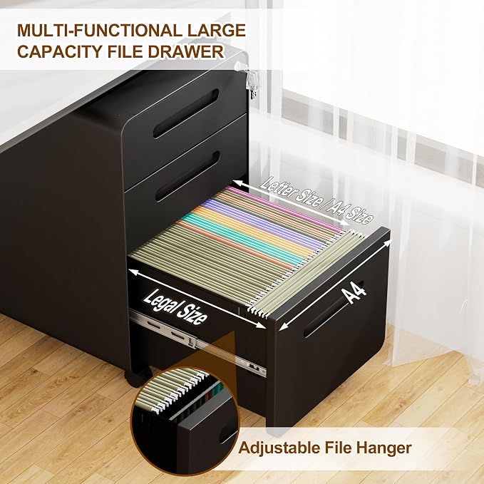 3 Drawer File Cabinet with Lock and 4 Keys, Mobile Metal Filing Cabinet, File Cabinets for Home Office, Under Desk, Pre-Assembly, File Drawer, Letter/Legal/A4 Hanging File Folders