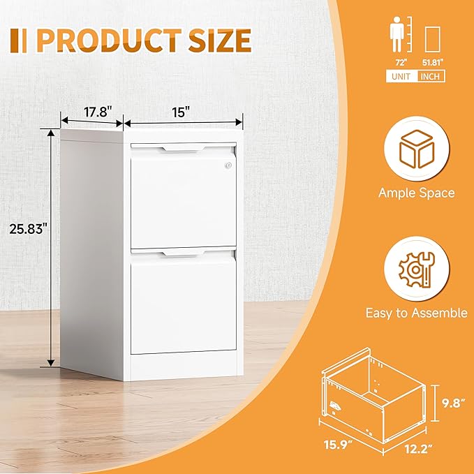 2-Drawer Metal File Cabinet with 1 Lockable Drawer,Steel Printer Stand with Storage for Home Office,Vertical Filing Cabinet for Legal/Letter/A4 Files,Assembly Required(15''W-2 Drawers,White)