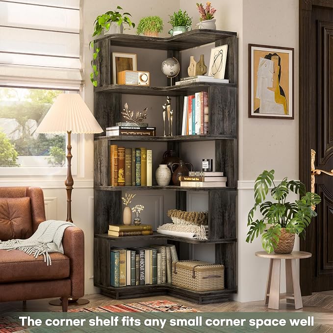 Armocity Corner Book Shelf - 6 Tier Corner Bookshelf Etagere Bookcase with Baffle, Freestanding L Shaped Display Shelf Stand for Home Office, Living Room, Bedroom, Kitchen, Grey Oak