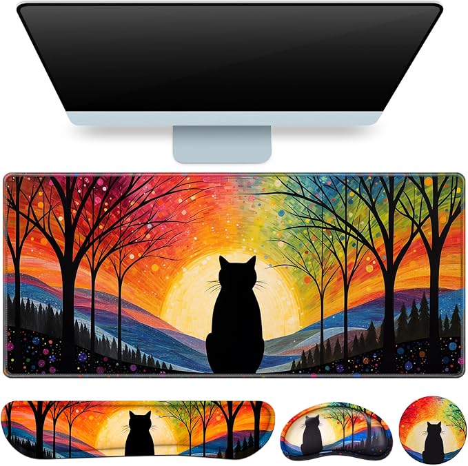Mouse Pad with Wrist Rest Black Cat, 4-in-1 Large Mousepad+Keyboard Wrist Rest+Mouse Pad Wrist Support+Cup Pad Set,Ergonomic Mousepad,Memory Foam Desk Mat for Home Office Gaming(35.4×15.7in)