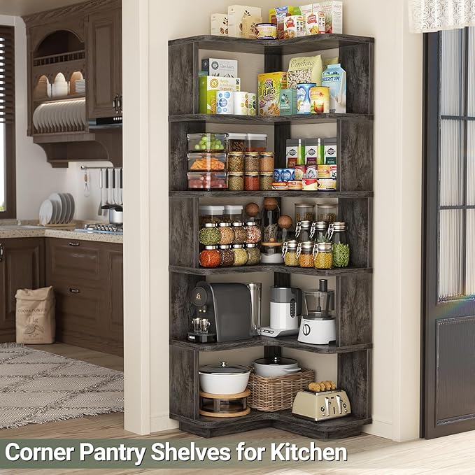 Armocity Corner Book Shelf - 6 Tier Corner Bookshelf Etagere Bookcase with Baffle, Freestanding L Shaped Display Shelf Stand for Home Office, Living Room, Bedroom, Kitchen, Grey Oak