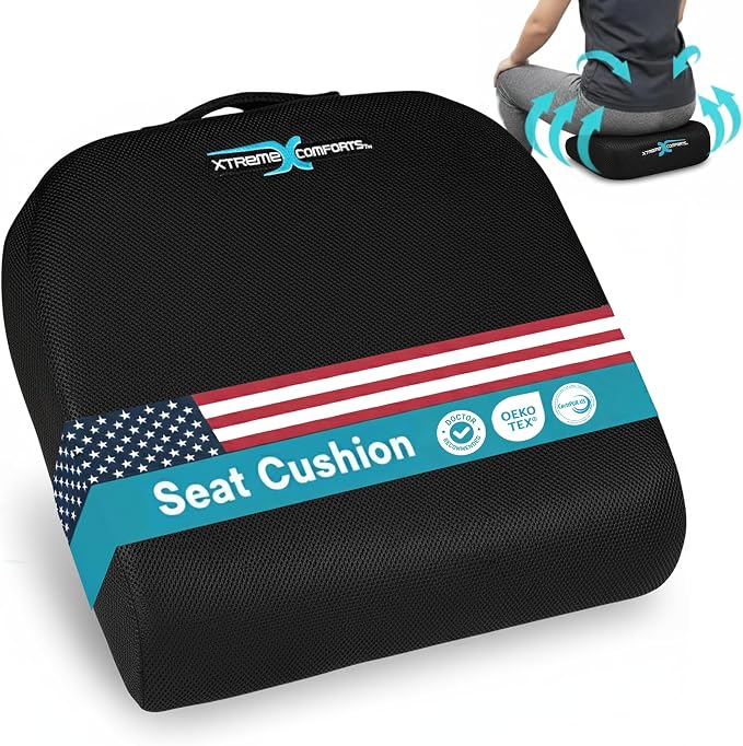 Xtreme Comforts Seat Cushions | Office Chair Cushions for Desk, Car, Wheelchair| Ergonomic Memory Foam Seat Cushion for Support & Comfort | Helps Improve Sitting Posture for Work & Body Relief (1 Pc)