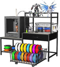 Saudism 3D Printer Stand with Storage Drawer and Rolling Filament Basket, Industrial Printer Table with Open Shelves and Hooks, Sturdy Metal Workstation for 3D Printing Tools and Accessories, Gray