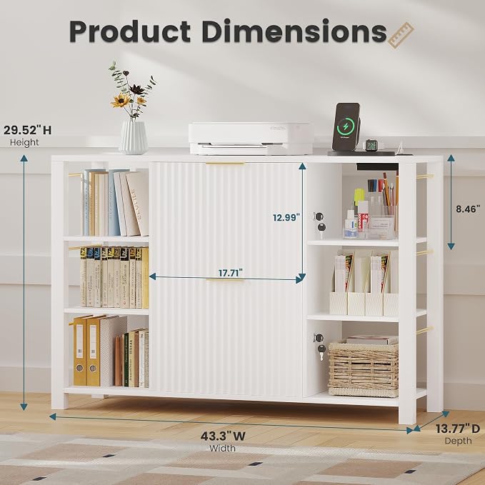 Filing Cabinet for Home Office, Fluted Wood File Cabinet with 2 Drawers Fit Letter/Legal/A4 Folders with Tabs, 43.3" W Printer Stand with Lock & 2 Power Outlets, 6 Storage Shelves (1, White)