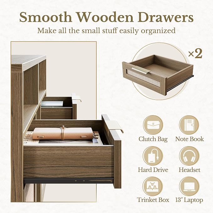 4 Drawer File Cabinet, Fluted Wood Lateral Filing Cabinet with Lock and Charging Station for Home Office, Printer Stand with Open Storage Shelves, Fits A4, Letter Size, Natural Oak