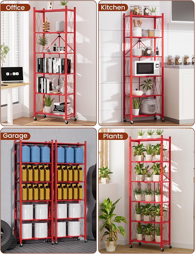 ALANNG 73.6 Inch Folding Bookshelf, 6 Tier Metal Bookcase and Bookshelves, Tall Shelves for Living Room Office Bedroom, Heavy Duty Book Shelve Free Standing Open (Red, 2PACK)