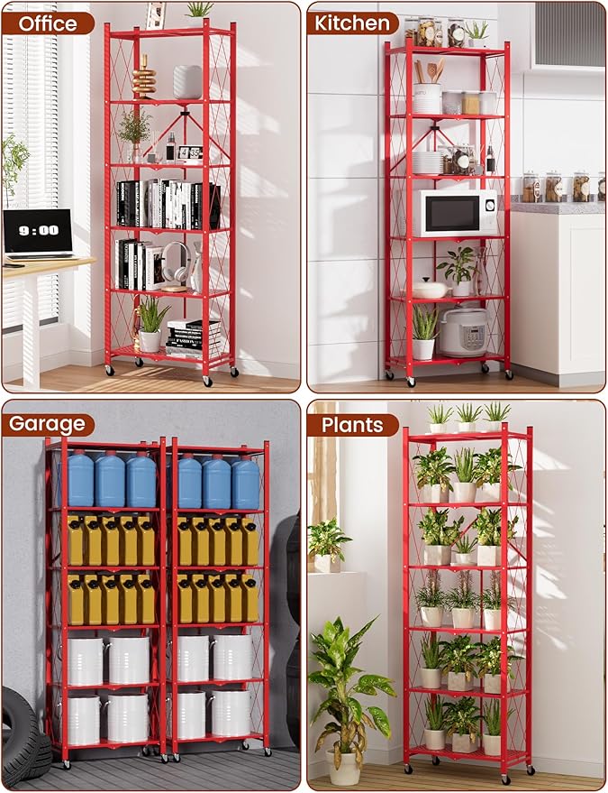 ALANNG 73.6 Inch Folding Bookshelf, 6 Tier Metal Bookcase and Bookshelves, Tall Shelves for Living Room Office Bedroom, Heavy Duty Book Shelve Free Standing Open (Red, 4PACK)