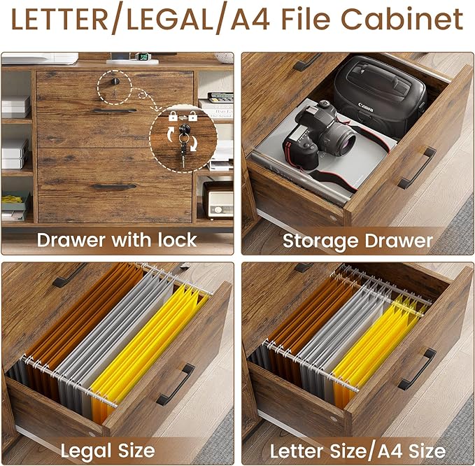 SEDETA 44" File Cabinet, Filing Cabinet fits Legal/Letter Size, 2 Drawer File Cabinets for Home Office with Lock, Power Strip, 6 Storage Shelves, Rustic Brown