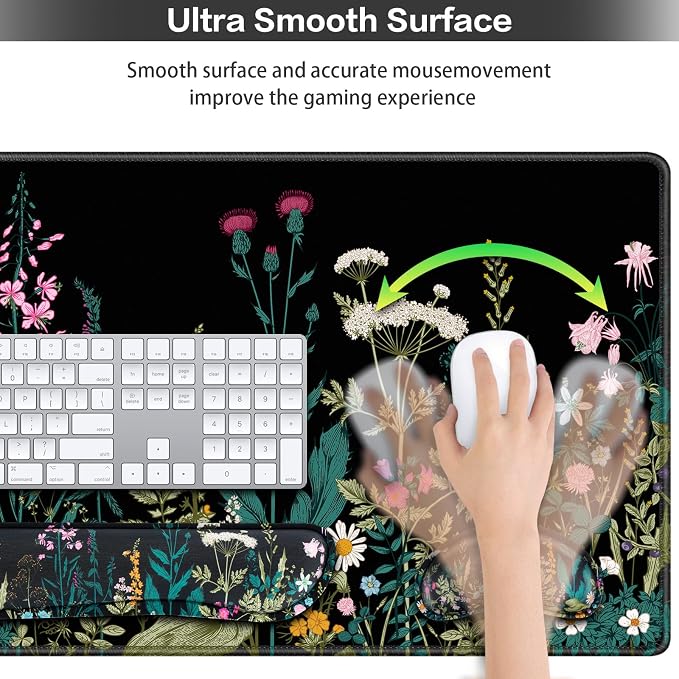 Desk Mat, Large Gaming Mouse Pad with Wrist Rest, 4in1 XXL Mousepad+Keyboard Wrist Rest+Mouse Pad Wrist Support+Cup Coaster Set Ergonomic Floral Computer Desk Arm Wrist for Decor Home Office Women