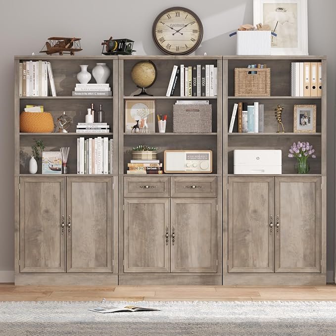 Thacuok 72'' Tall Bookcase with Doors, Adjustable Shelves, P2 MDF Construction, 32'' Wide Freestanding Cabinet with Metal Handles, Hidden Storage for Living Room, Bedroom
