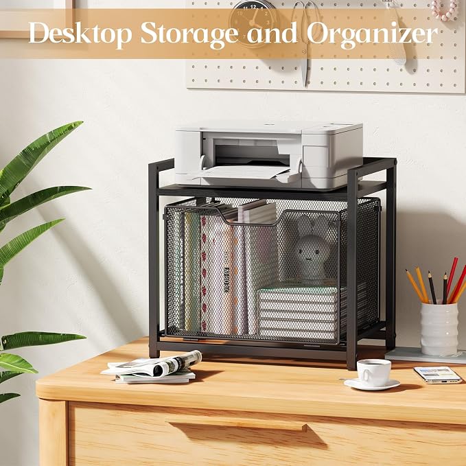 JKsmart Under Desk Storage, Printer Stand with Drawer, Rolling File Cabinet with Adjustable Table Top, 2 Tier Industrial Shelf on Fixed Feet Wheels, Sofa Side Table Organizer for Home, Office, Black