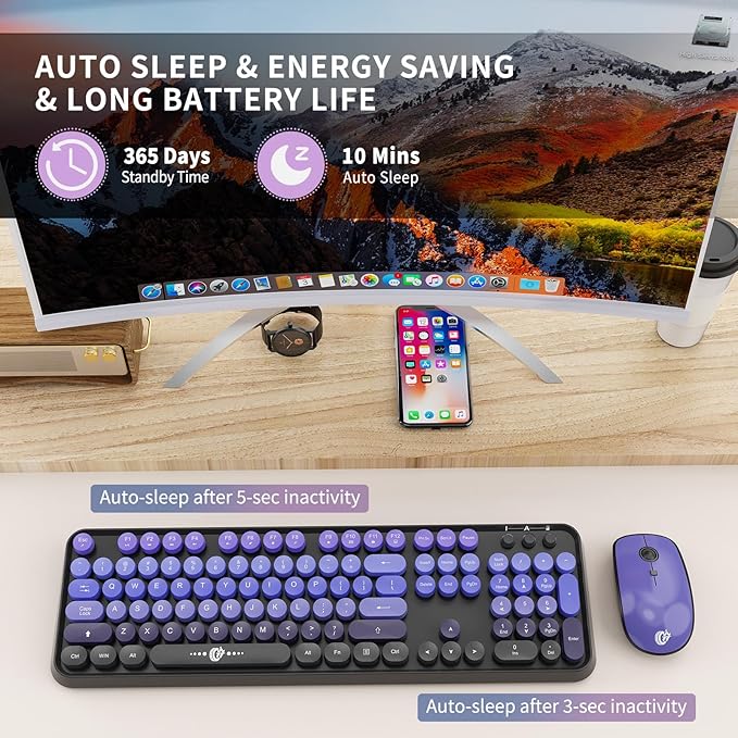 Wireless Keyboard and Mouse Combo - Cute Colorful Keyboard and Mouse, Retro Typewriter Keyboard with 2.4GHz Plug & Play, for Windows 11/10/7, Laptop, PC (V2020-Purple)