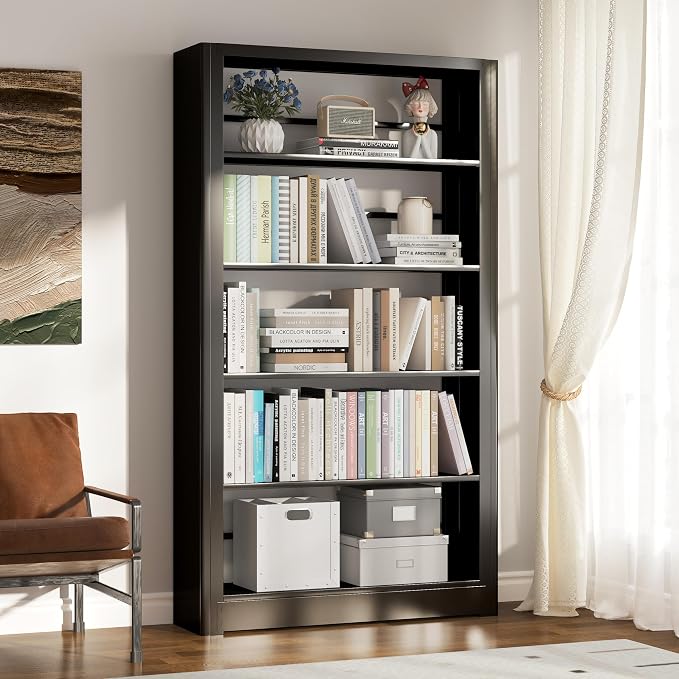69" Tall Bookshelf, 5 Tier Black Bookcase with Adjustable Shelves, Freestanding Large Open Book Shelf Etagere Bookcase for Bedroom, Library, Living Room, Office