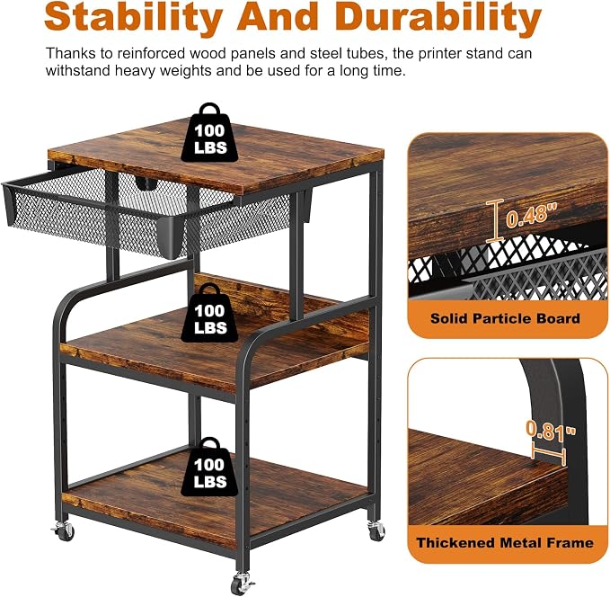EasyCom Large Printer Stand with Storage Drawer, 5 Adjustable Shelf & 3-Tier Rolling Cart with Industrial Wheels for Desk, Mobile Printer Table for Home Office Fits 3D Printer Scanner Fax Rustic Brown