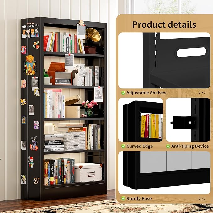 70.9" H Metal Bookshelf, Adjustable Bookcase, 5-Tier Heavy Duty Bookshelf with Bookend, Tall Bookshelves, Bookcase Shelf for Living Room, Office, Library,Classroom (Black-37.4W)