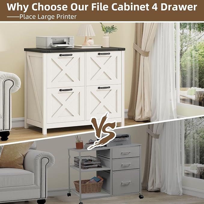 Halitaa Lateral File Cabinet with 4 Drawers, Farmhouse File Cabinet for Letter/A4 Size Hanging Files, Large Wood File Storage Cabinets Printer Stand for Home Office Cabinets, Rustic White and Black
