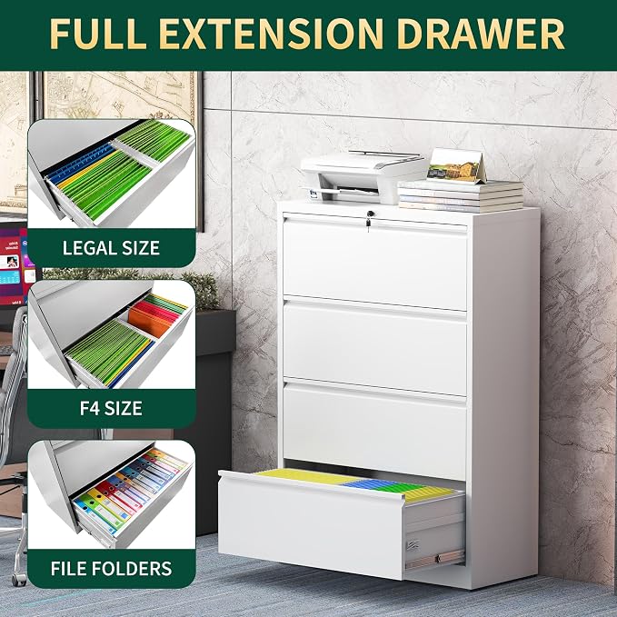 4 Drawer Lateral File Cabinet with Lock, Metal File Cabinets for Home Office, Steel Heavy-Duty Filing Storage Cabinet for Letters/Legal/A4 (Require Assembly, White)