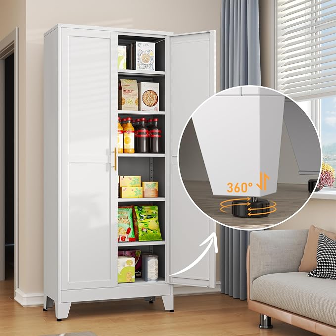 White Metal Storage Cabinet,75" Steel Cabinets for Home Office, Kitchen Pantry Storage Cabinet with Doors and 5 Adjustable Shelves, Tool Cabinets, for Office, Home, Garage, School