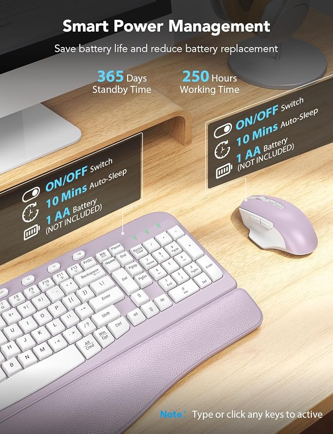 SABLUTE Wireless Keyboard and Mouse Combo, Ergonomic Wave Key, Cushioned Plam Rest, Comfortable Silent Natural Typing, 2.4G Lag-Free, Full Size Keyboards Cordless Set for Multi-OS, Windows/Mac, Purple