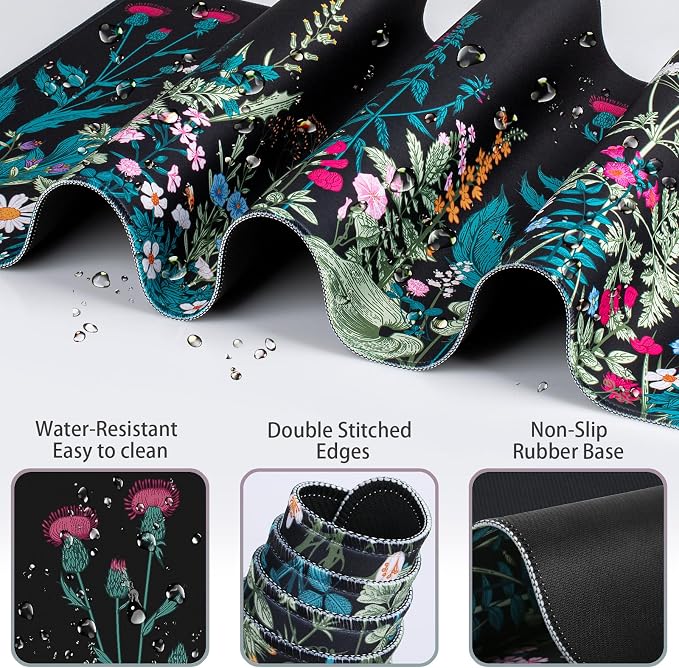 Desk Mat, Large Gaming Mouse Pad with Wrist Rest, 4in1 XXL Mousepad+Keyboard Wrist Rest+Mouse Pad Wrist Support+Cup Coaster Set Ergonomic Floral Computer Desk Arm Wrist for Decor Home Office Women