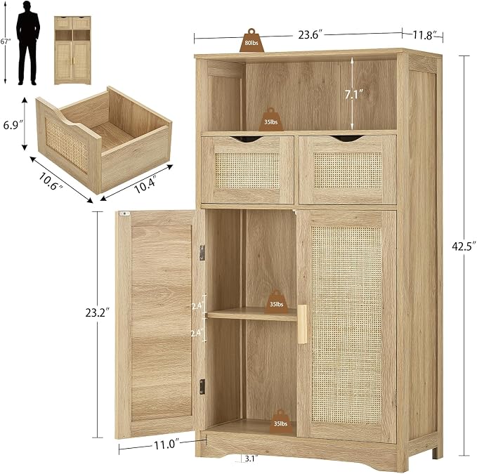 Iwell Storage Cabinet with 2 Drawers & Adjustable Shelves, Rattan Cabinet, Kitchen Pantry Cabinets, Cupboard for Living Room, Kitchen, Home Office, Natural SNG008NR