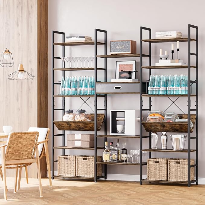 NUMENN Bookcases and Bookshelves Triple Wide 6 Tier Bookshelf, Large Etagere Bookshelf with Storage Drawer, Adjustable Open Display Shelves for Living Room Bedroom Home Office, Vintage