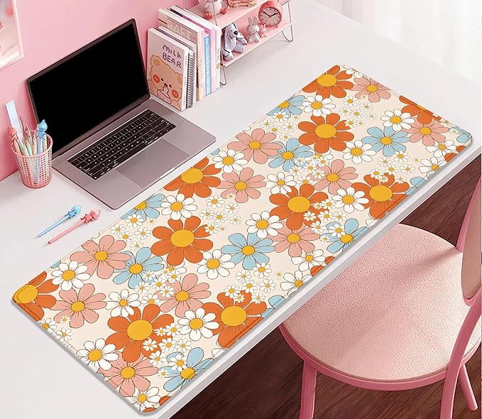 Vintage Floral Mouse Pad Daisy Desk Pad,Retro Flower Mouse Mat,Extended Gaming Mouse Mat,Stitched Edges Non-Slip Waterproof Rubber Base Mous Mat for Office Home Work Game Desk Pad(27.5X11.8 in)
