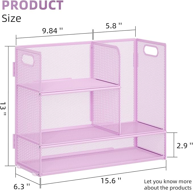 Marbrasse 3-Tier Desk Shelf Organizer with Handle, Desktop Bookshelf File Holder, Mesh Display Shelf Organizer Storage Rack for Office, Home, Supplies, Kitchen (Purple)