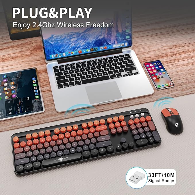 FOPETT Wireless Keyboard and Mouse Combo, 104 Keys Full-Sized 2.4 GHz Round Keycap Colorful Keyboards, USB Receiver Plug and Play, for Windows, Mac, PC, Laptop, Desktop (BlackOrange)