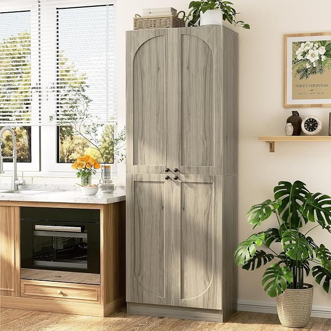 Cyclysio Storage Cabinet Set of 2, 80" Tall Arched Bookcase with 4 Soft Close Doors, 12-Tier Wooden 2 Set Pantry with Adjustable Shelves, Seamless Fit Wall for Home Office, Living Room, Kitchen
