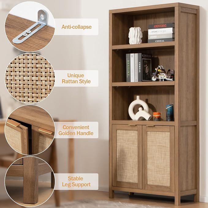 SICOTAS Bookcase 71" Tall Bookshelf 5 Tier Rattan Boho Bookcase with Doors Storage Large Book Case Shelf Farmhouse Bookshelves Library Book Shelves for Living Room Bedroom Home Office Kitchen