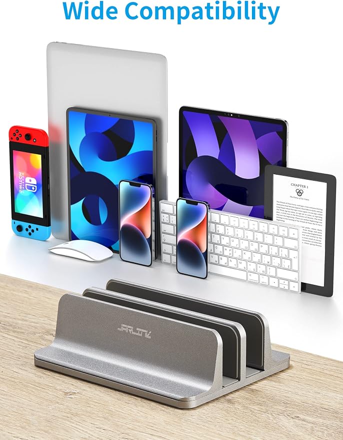 JARLINK Vertical Laptop Stand Holder, Aluminum Double Desktop Stand Holder with Adjustable Dock (Up to 17.3 inch), Compatible with MacBook, Surface, Chromebook, and Gaming Laptops, Grey