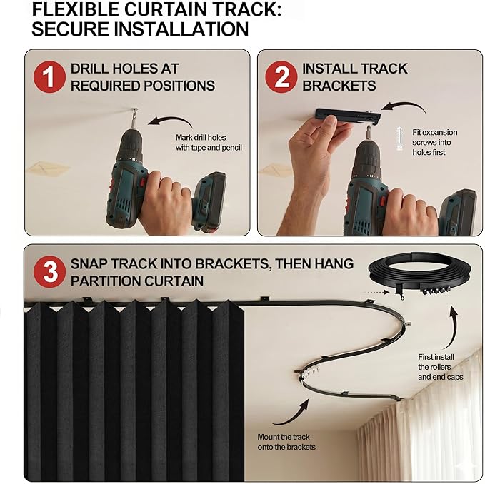 JILRON Accordion-Style Room Divider with Ceiling Track - Foldable Partition Curtain, Easy Installation(Black 100" W x 108" L-Pack of 1)
