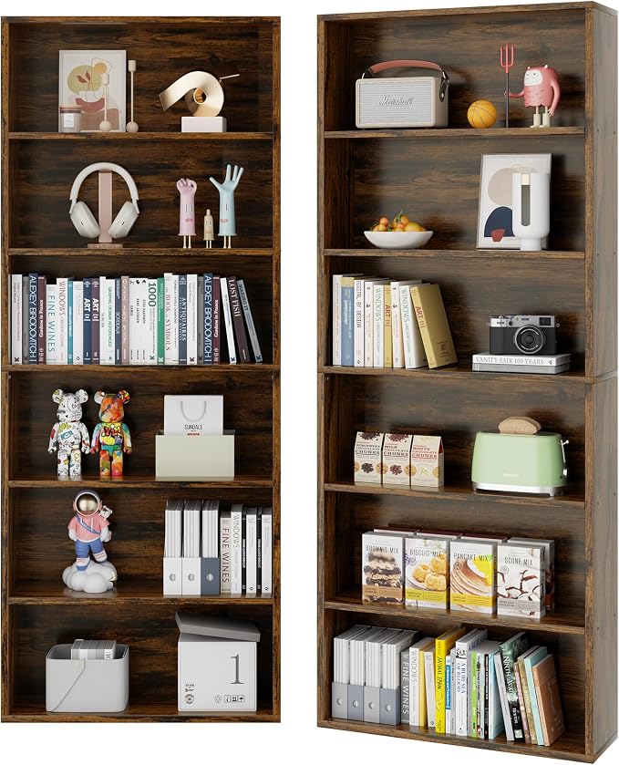 Vongrasig 6-Tier Open Bookcase and Bookshelf, Floor Standing Wood Display Storage Shelves 71 Inch Tall Bookcase Home Decor Furniture for Home Office, Living Room, Bed Room, Rustic Brown, 2 Pieces