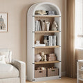 GarveeHome Bookcase 5 Shelf Arched Bookshelf 71.65in Tall Bookcase Farmhouse Display Storage Rack Wooden Bookshelves for Home Office, Living Room (White/Natural)