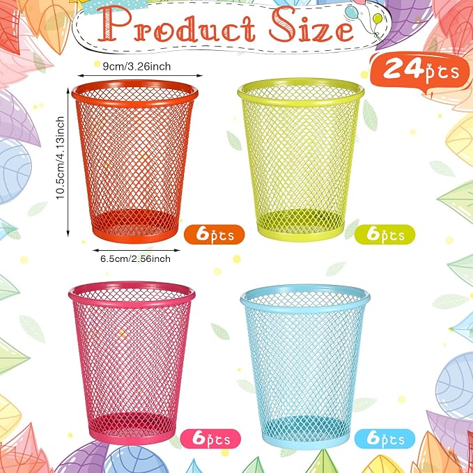 Colarr 24 Pcs Mesh Pencil Holder, Colored Metal Pen Holder Metal Pen Cup Desk Organizer Cups Makeup Brush Holders for Desk Home School Office, 4 Colors