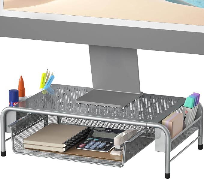 Simple Houseware Metal Desk Monitor Stand Riser with Organizer Drawer, Silver