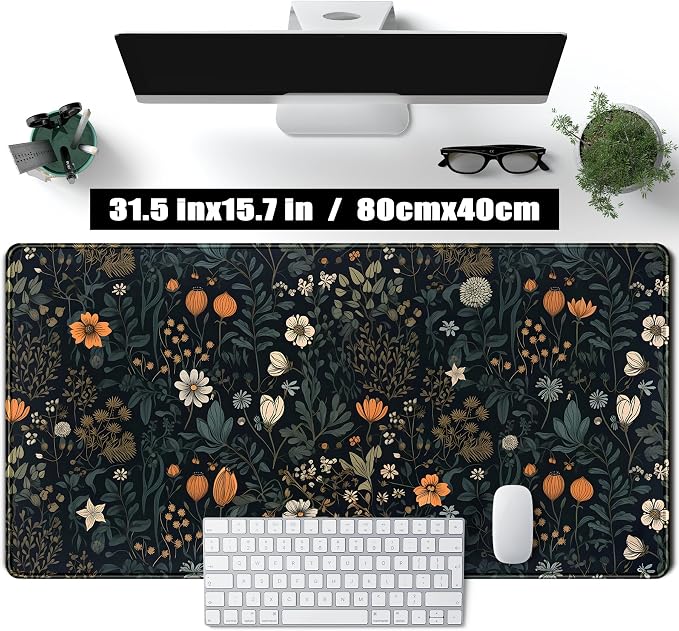 Cute Dark Floral Desk Mat Vintage Flowers Plant Mouse Pad XXL Large Extended Gaming Mousepad Women Office Decor Desk Pad, Big Laptop Computer Keyboard and Mouse Mat with Stitched Edges, 31.5x15.7 in