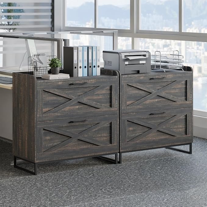 Lateral File Cabinet 2 Drawer File Cabinet with Charging Station for Legal/Letter/A4 Size Hanging Files, Modern Farmhouse Large Wood File Storage Cabinet for Home Office Furniture(Dark Rustic Oak)