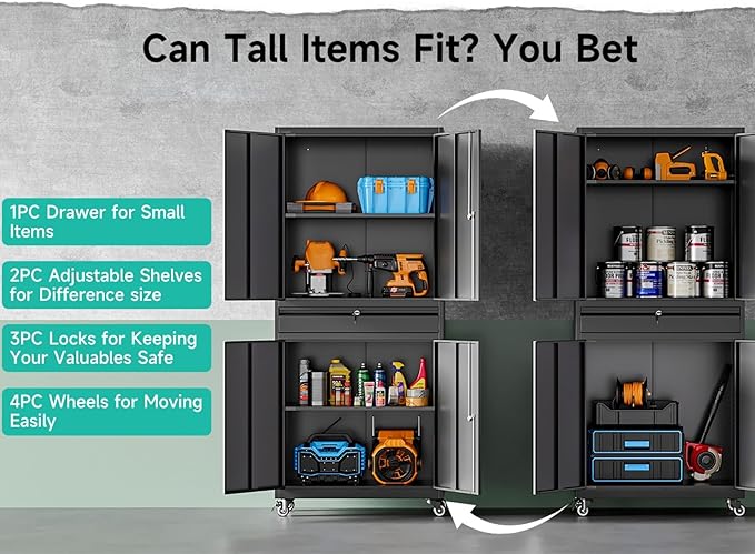 Metal Garage Storage Cabinet with Wheels and Drawer,73" Tall Black Rolling Garage Cabinet with Locking Doors and Adjustable Shelves,Mobile Metal Storage Cabinets on Wheels for Home,Office,Garages,Tool