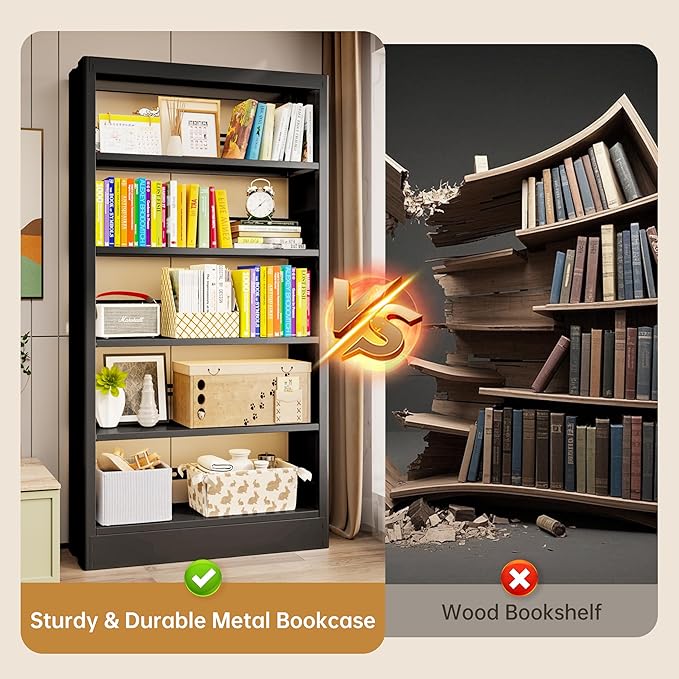 5-Tier Bookcase with Adjustable Storage Shelves, Metal Bookshelf with Book Stopper, Bookcase Shelf for Library, Office, Living Room (Black-2)