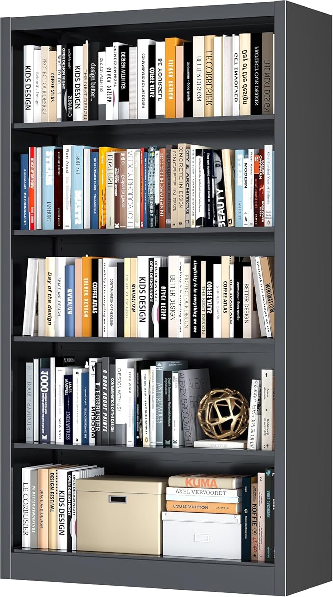 OSEILLC Bookcase,5 Tier Black Bookshelves,55" Tall Free Standing Metal Bookcase with Adjustable Storage Shelves, Wide Bookshelf for Bedroom Living Room Home Office School (Black)
