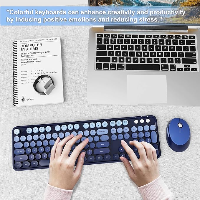 Wireless Keyboard and Mouse Combo, Ergonomic Full Size Typewriter Retro Round Keycaps Keyboard, Compatible with Windows, PC, Perfer for Home and Office Keyboards (Twilight Blue