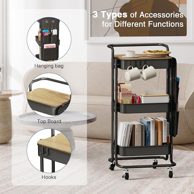 DTK 3 Tier Metal Utility Rolling Cart with Table Top and Side Bags, Tray Storage Organizer Wheels, Art Craft 4 Hooks for Kitchen Bathroom Office Living Room (Black)