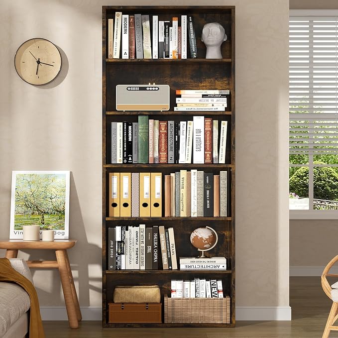 Shintenchi Bookshelf,6-Tier Open Bookcase and Bookshelves,6 Shelf Display Storage Shelves Floor Standing 70.6 inches Tall Bookcase for Home Office, Living Room (Brown)